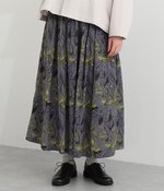 AIRJETキャンブリック　水彩リーフプリント　ギャザースカート(B・チャコール)