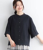コットンリネン スカラップ刺繍前開きブラウス(C・ネイビー)