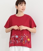 コットンリネン天竺裾花刺繍ドルマンＴシャツ(C・レッド)