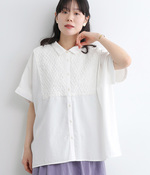 コットンサテン スモッキング刺繍 ワイドシャツ(B・ホワイト)