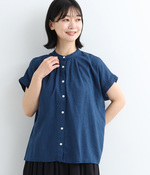 リネンレーヨン平織　スタンドカラーシャツ(B・ブルー)