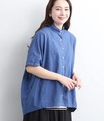 オックス日本製品染　スタンドカラー裾タックチュニック(D・ブルー)