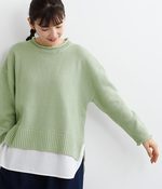 鹿の子編み裾布帛フェイクレイヤードセーター(B・グリーン)