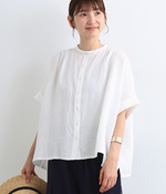 平織リネン　ちび襟ワイドシャツ(A・ホワイト)