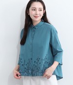 コットンパークガーデン刺繍七分袖シャツ(B・ブルー)